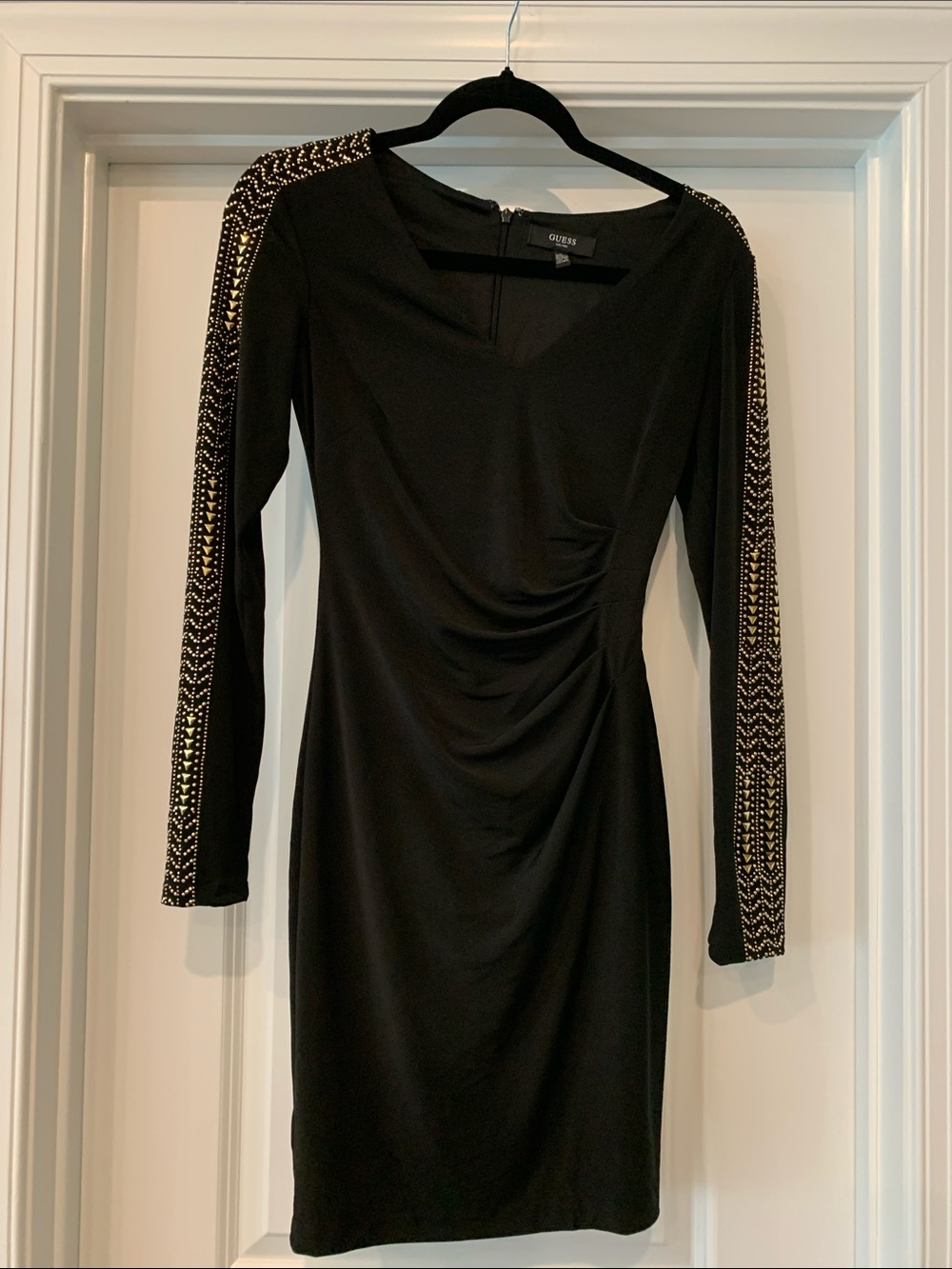 GUESS Black Long-Sleeve Ruched Sheath Dress with Gold Beaded Sleeves 0 NWOT
